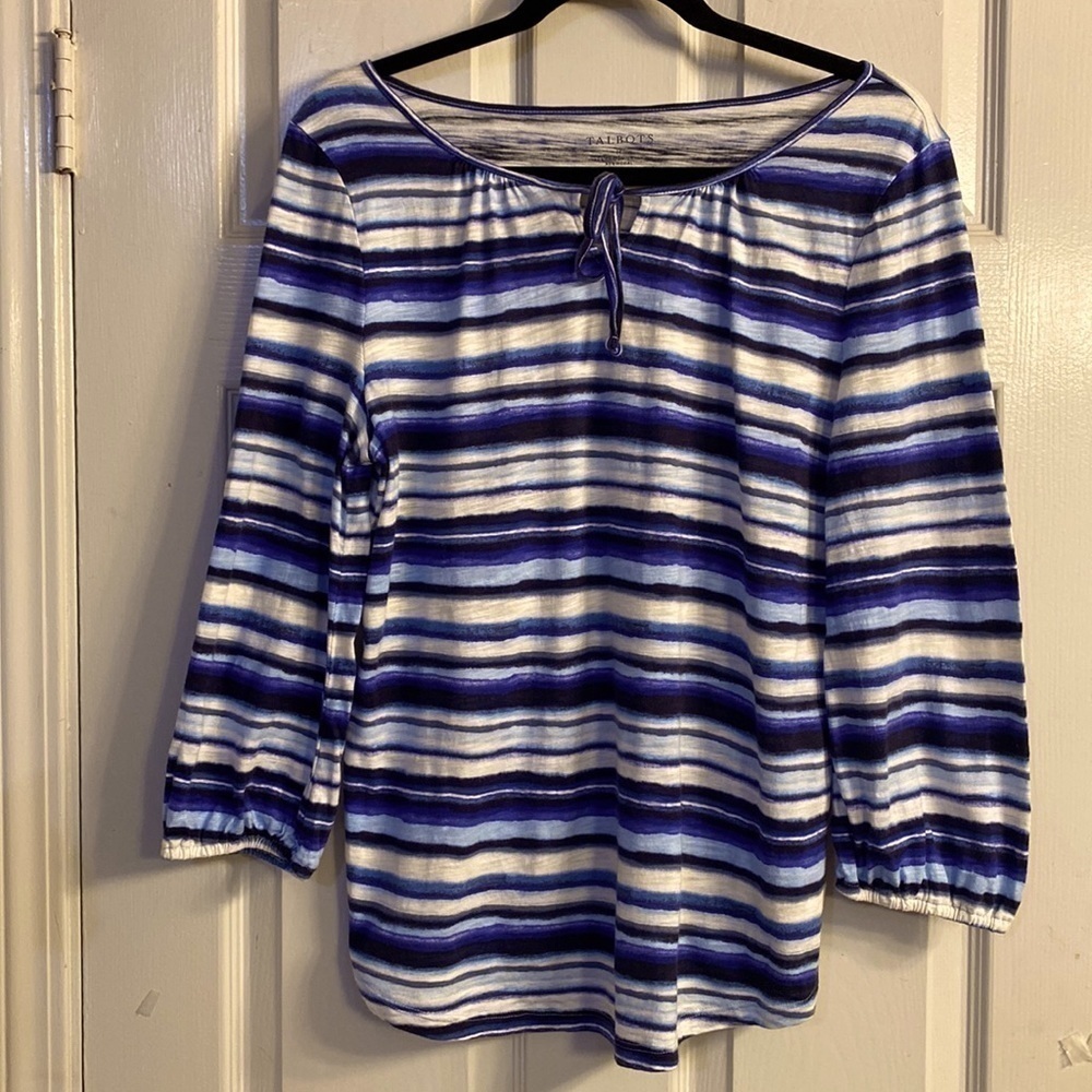 Talbots Cotton Blend Blue and Black Striped Top Medium